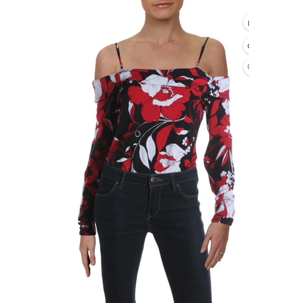 GUESS Floral Bodysuit Womens Size S Red Black Off Shoulder Long‎ Sleeve